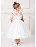 Beaded White Lace Tulle Tea Length Flower Girl Dress